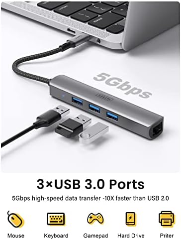 USB Адаптер C до Ethernet Hub SAILLIN USB C с гигабитным конектор RJ-45 и 3 порта USB 3.0, Многопортовый адаптер hub