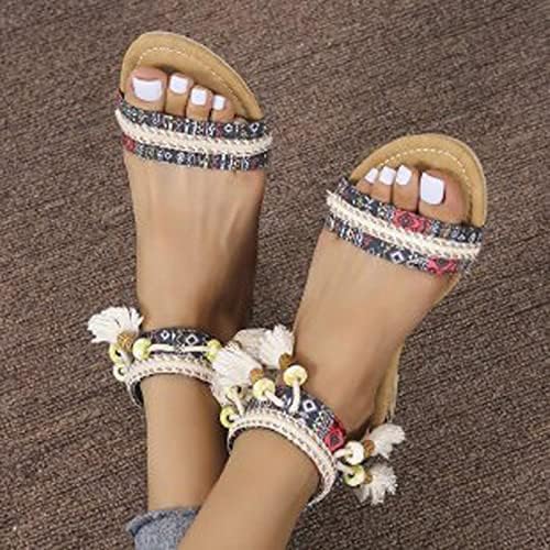 Плажни Сандали за Жени, артистична Етническа Римска Обувки, Сандали на Равна подметка със закопчалка Отзад Летните Модни