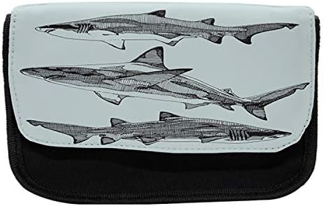Преносим молив случай за животни, Животът Голям Опасна Акула, Тъканно Чанта за Моливи с двоен цип, 8,5 x 5,5, Сив графит