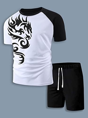 FIOXA Облекло от две части за мъже, Мъжки оцветен тениска с изображение на дракон и къси панталони с завязками на талията