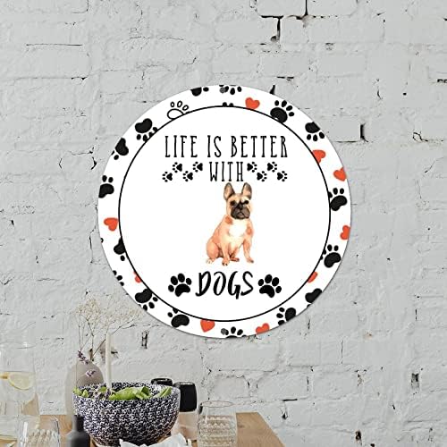 Bomehhjuli Добре дошли Знак за стена Забавно Куче Кръгла Лидице Знак за по-добър Живот с Кучета, Венец Алуминиева Табела