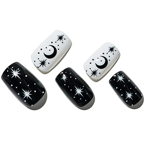 GLAMERMAID Къси Квадратни Лигавицата на ноктите, Черни, Бели Звезди, Режийни ноктите среден размер със Звездна дизайн,