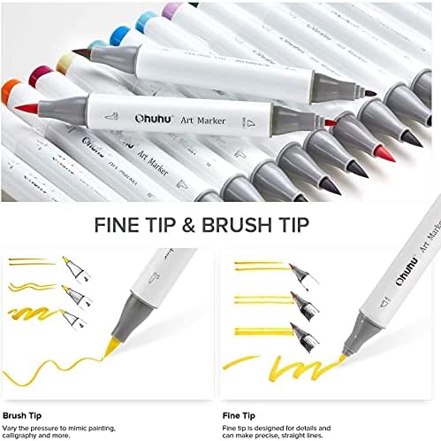 Ohuhu 24 Основни цвята + 1 Безцветен набор от тънък маркер химикалки и кисточек с двоен фитил, набор от художествени