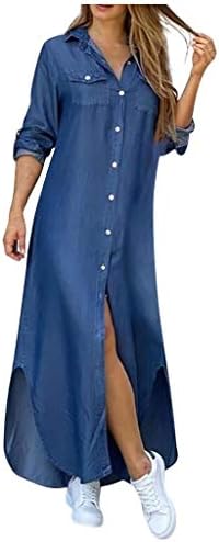 Женствена Рокля-риза Aniywn копчета, Дълги Макси рокля-тениска с V-образно деколте и рюшами, С Дълъг Ръкав, Оверсайз,