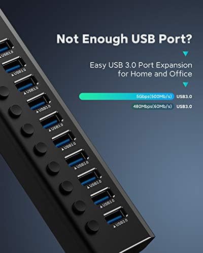 ikuai 10 Портове USB 3.0 Хъб с адаптер за захранване 12V 3A + Ключ USB 3.0, За да изберете 2 компютри, Споделяне на 4
