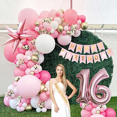 Сладки 16 украса за рожден ден са 140 бр., Розово Златен бяла венец от балони С 16-тата буква, балон и Блестящи Банери