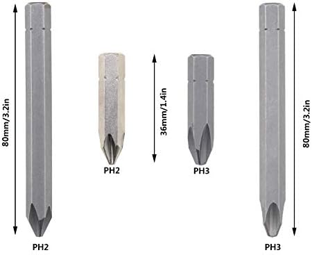 Набор от бита за ударната отвертка 4шт, Стомана марка S2 PH2 PH3 Дължина 36 и 80 мм, дължина с шестигранным опашка 5/16