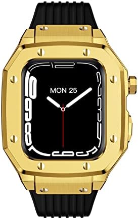 Wscebck Сплав Калъф за часа iWatch серия 7 6 5 4 SE Калъф за Apple Watch Каишка 44 мм женски 42 мм 45 мм Луксозни Метални, Гумени Аксесоари за часовници е от неръждаема стомана (Цвят: 10 м