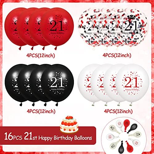 Балони на 21-ия Ден от Раждането, 16шт Червени и Черни Балони С 21-ви Рожден Ден, Червени и Черни Украса за Парти на 21-Ия Рожден Ден Балони, за Жени, Мъже Украса на 21-та Год