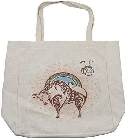 Пазарска чанта Ambesonne в Знак на Зодиака, Хороскоп за Телец, с Бика за графичен дизайн Grungy Prediction, Дългогодишна