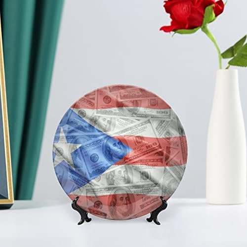 Флаг Пуерто Рико на Доларови Пари Реколта Декоративна Чиния от Костен Порцелан със Стойка за Дисплея на Хубава Чиния