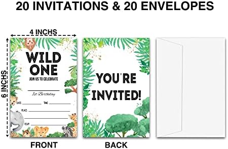Гостите на 1-ви рожден ден LeFohLon Wild One, 20 Опаковки на Двустранните Покани Картички с животни Джунгла в Пликове