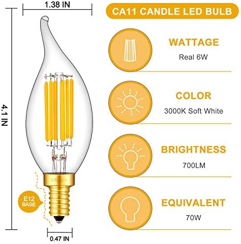 CRLight 6 W Led лампа-Канделябр 3000 До, меко Бял, 70 W Еквивалент на 700 Lm, E12 База, led лампа за полилеи с регулируема