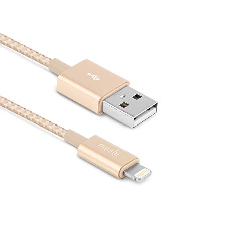 Кабел Moshi Integra USB-A към Lightning дължина 4 метра / 1,2 м, Зарядно устройство за iPhone, сертифициран от Пфи, Найлон плитка, съвместимо с iPhone 12, AirPods Pro, iPad, Сатен, Злато