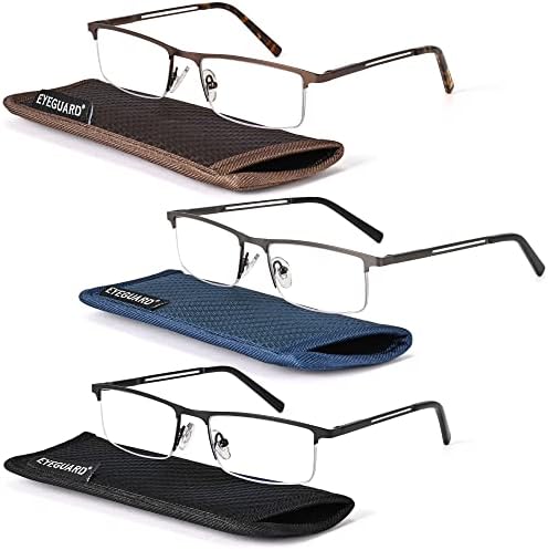 EYEGUARD 3 Опаковки Синьо-Леки Очила За Четене Мъжки Стилни Метални Полукадровые Очила За Четене С Пружинным тръба на шарнирна Връзка на Компютърни Очила