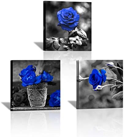 SkenoArt 3 Панела Синята Роза Платно Монтиране на Изкуството на Черно-Бели Цветя Картина кралско Синьо Цвете Фигура е