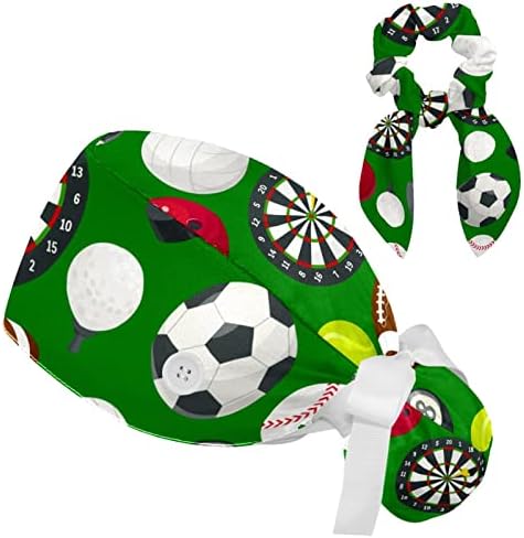 Футболна Зелена Работна шапчица с бутони, Регулируемо Хирургична Шапчица-търкане с бантиком-ластик за Коса
