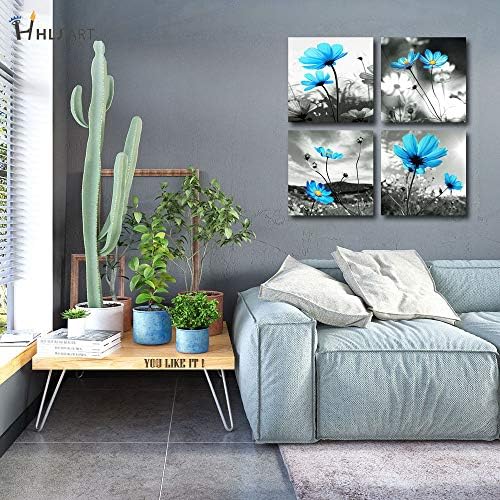 Синьо Цвете Стенно Изкуство: Тюркоазени Цветя, Картини на Платно за декориране на дневна, Модерно Сиво Произведения на