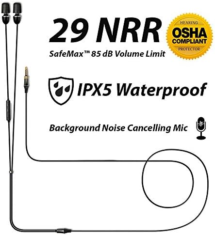 Жични слушалки-втулки ISOtunes, наскоро подобрени, 29 NRR, микрофон с шумопотискане, водоустойчив IPX5, сверхпрочный оплетена тел, Неподатливостта слушалки, отговарящи на с